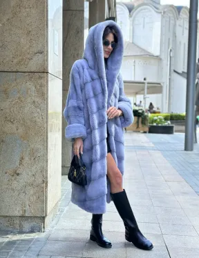 Удлиненная голубая норковая шуба NAFA MINK с капюшоном - фото 8