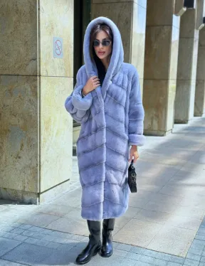 Удлиненная голубая норковая шуба NAFA MINK с капюшоном - фото 5