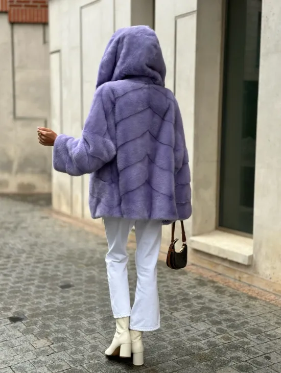 Короткая норковая шуба с капюшоном - цвет лиловый - фото 6