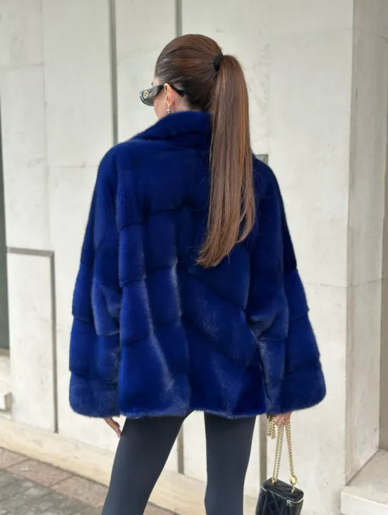 Норковая велюровая шуба  - автоледи в синем цвете - фото 2