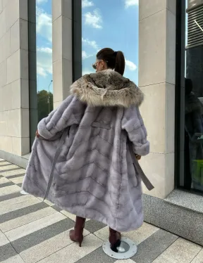 норковая шуба с капюшоном из меха рыси цвет серый сапфир - фото 6