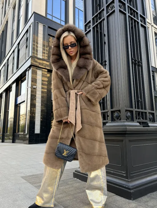 Пастель норковая шуба из меха NAFA капюшон куница - фото 0