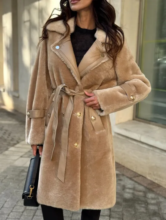 Дубленка из овчины с норковым воротником - цвет бежевый - фото 2