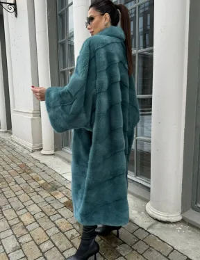 Шуба из меха норки в стиле Oversize - цвет тиффани - фото 4