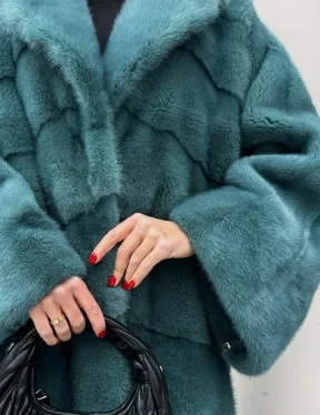 Шуба из меха норки в стиле Oversize - цвет тиффани - фото 1