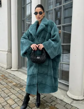 Шуба из меха норки в стиле Oversize - цвет тиффани - фото 10