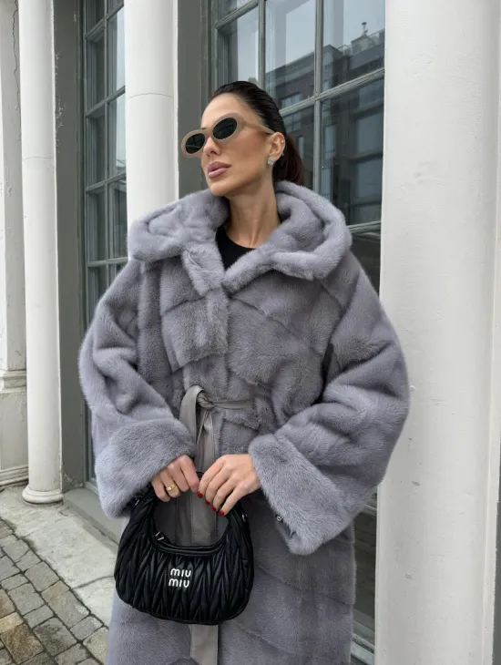 Норка кимоно паркет с капюшоном - цвет серый сапфир - фото 0