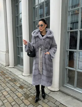 Норка кимоно паркет с капюшоном - цвет серый сапфир - фото 4