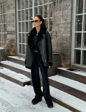 Черная дубленка авитор на овчине - фото 7