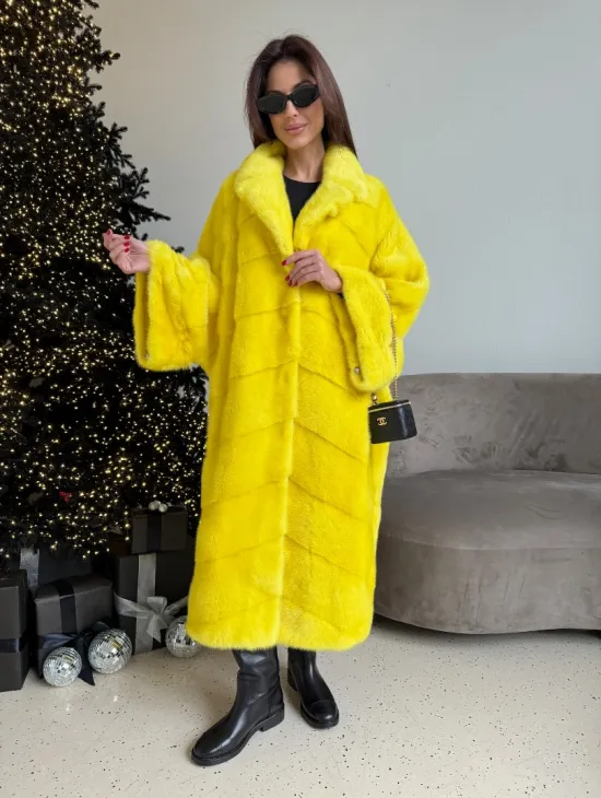 Шуба норковая в стиле Oversize - цвет лимонный - фото 0