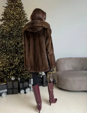 Норка автоледи с капюшоном, роспуск в цвете орех - фото 6