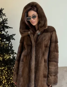 Норковая шуба с капюшоном в цвете орех - фото 1