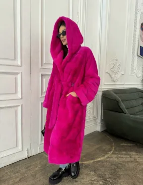 Норка кимоно с капюшоном, паркет - цвет фуксия - фото 0