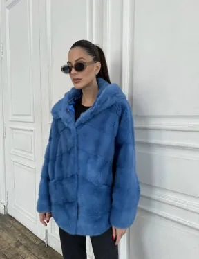 Норковый полушубок с капюшоном, паркет - цвет васильковый - фото 6