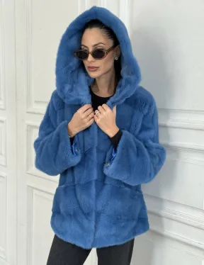Норковый полушубок с капюшоном, паркет - цвет васильковый - фото 1