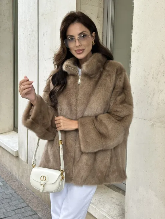 Короткая норковая шуба на молнии - цвет пастель - фото 0