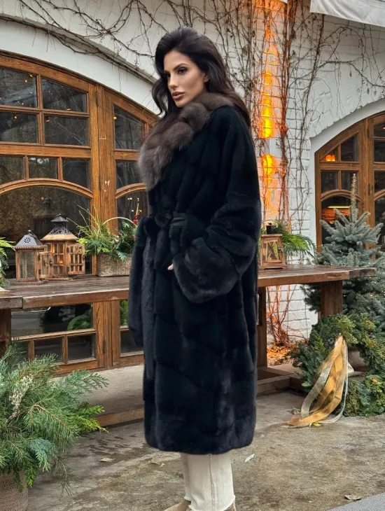 Норковое кимоно с воротником из меха куницы - цвет черный изумруд - фото 9