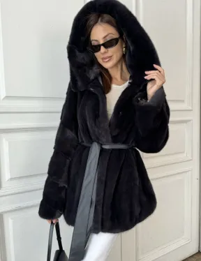 Норковый жакет с капюшоном, роспуск - цвет графит - фото 1