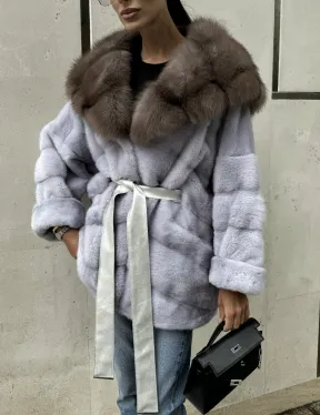 Шуба норковая с капюшоном из меха куницы - цвет голубой - фото 5