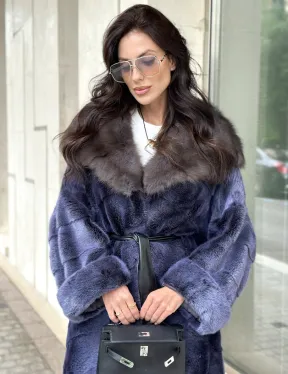 Длинная шуба из норки с капюшоном из куницы - цвет синий графит - фото 3