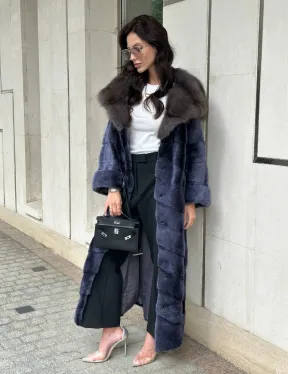 Длинная шуба из норки с капюшоном из куницы - цвет синий графит - фото 6